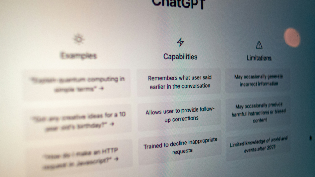 ChatGPT start screen listing its examples, capabilities, and limitations