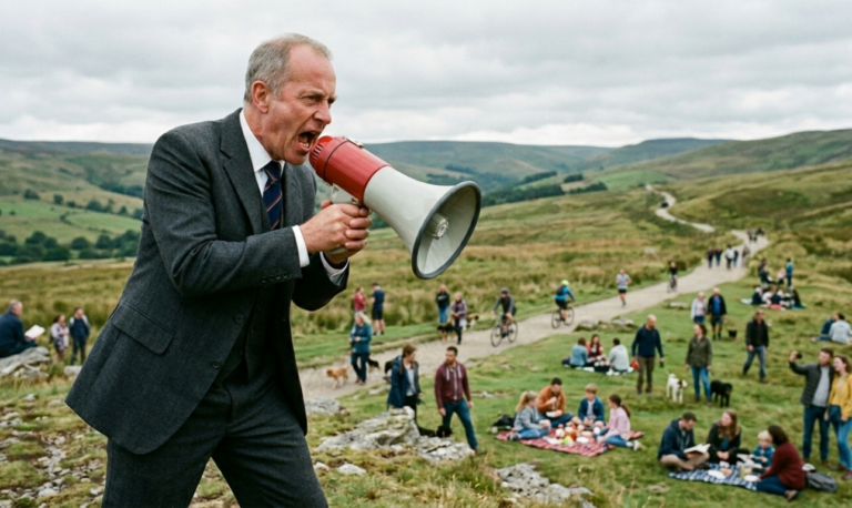 Businessman shouting through a megaphone on a hilltop while the crowd below ignores him